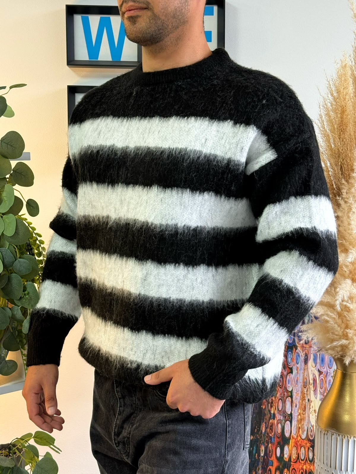 Siyah Premium Dokulu Oversize Çizgili Triko Kazak