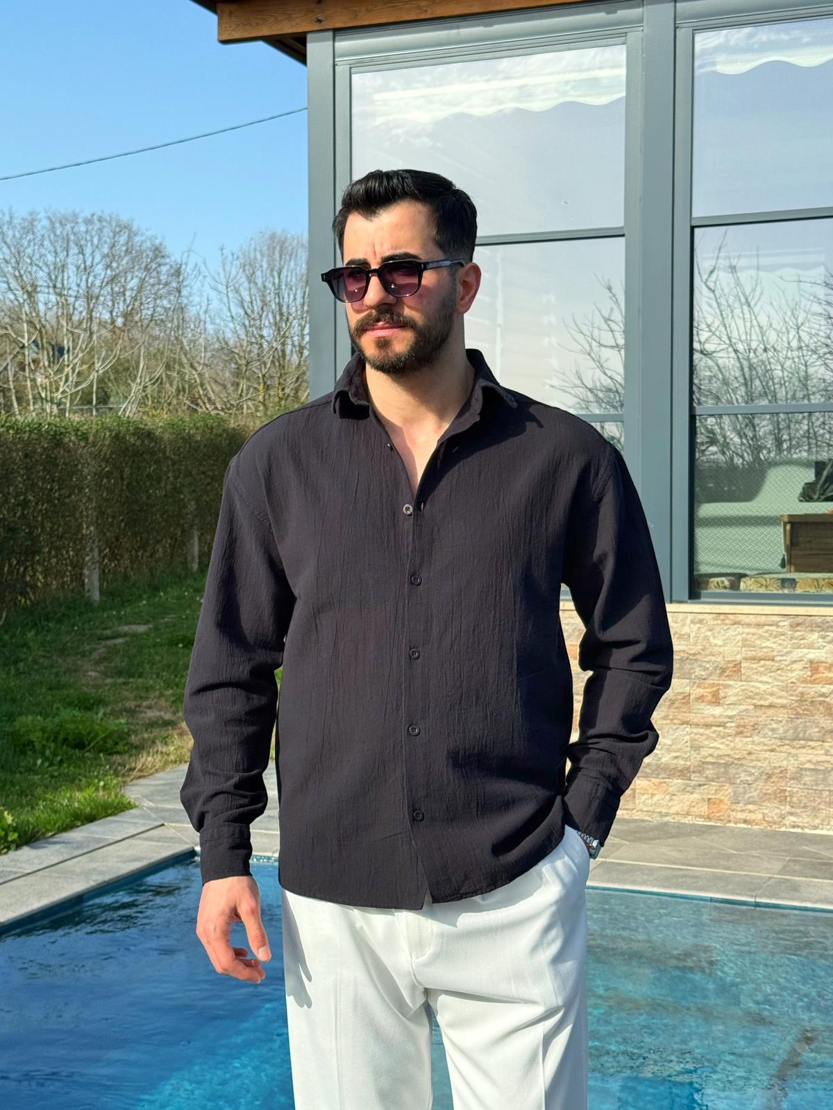Siyah Premium Fit Krinkıl Keten Gömlek