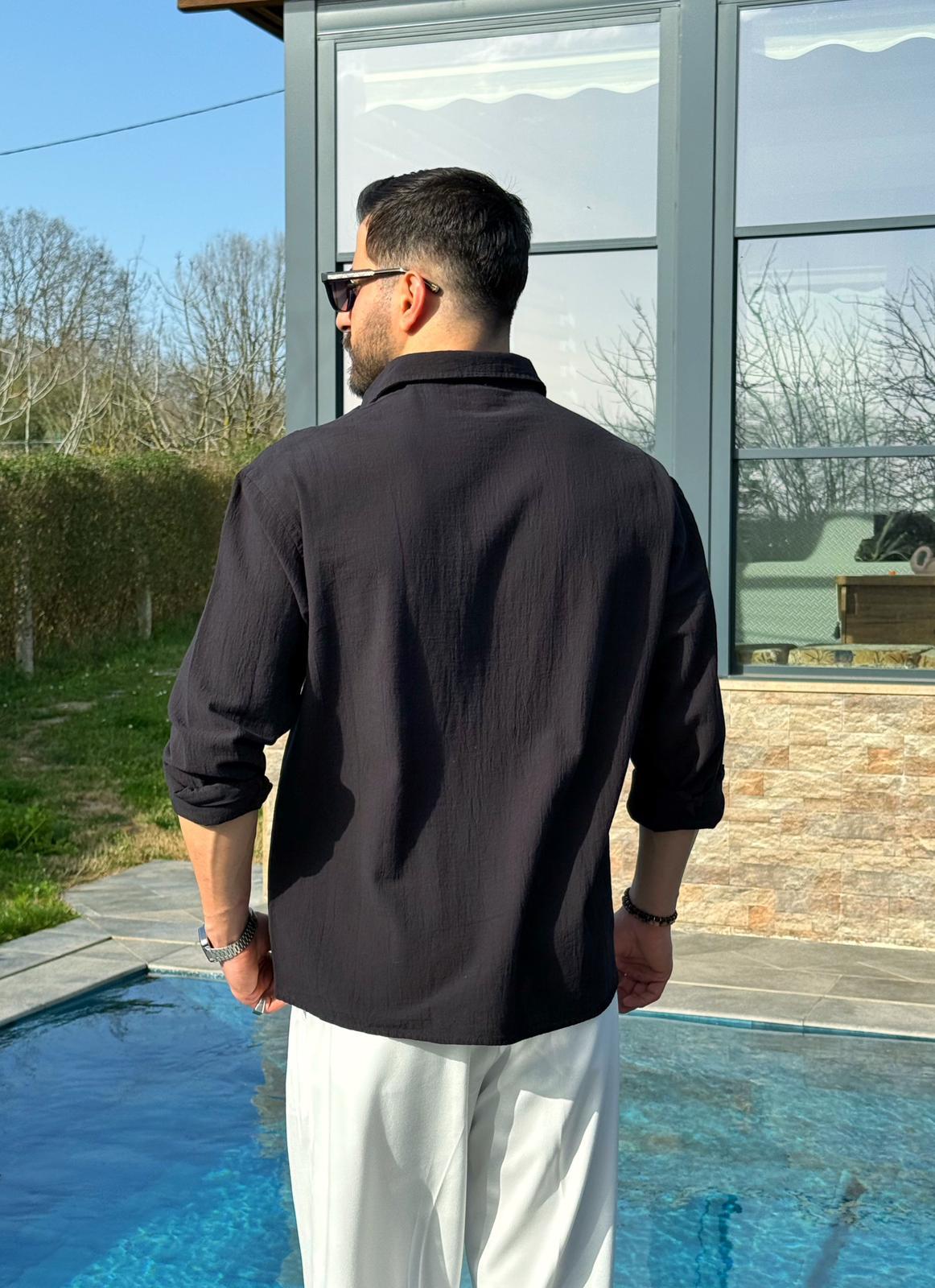 Siyah Premium Fit Krinkıl Keten Gömlek
