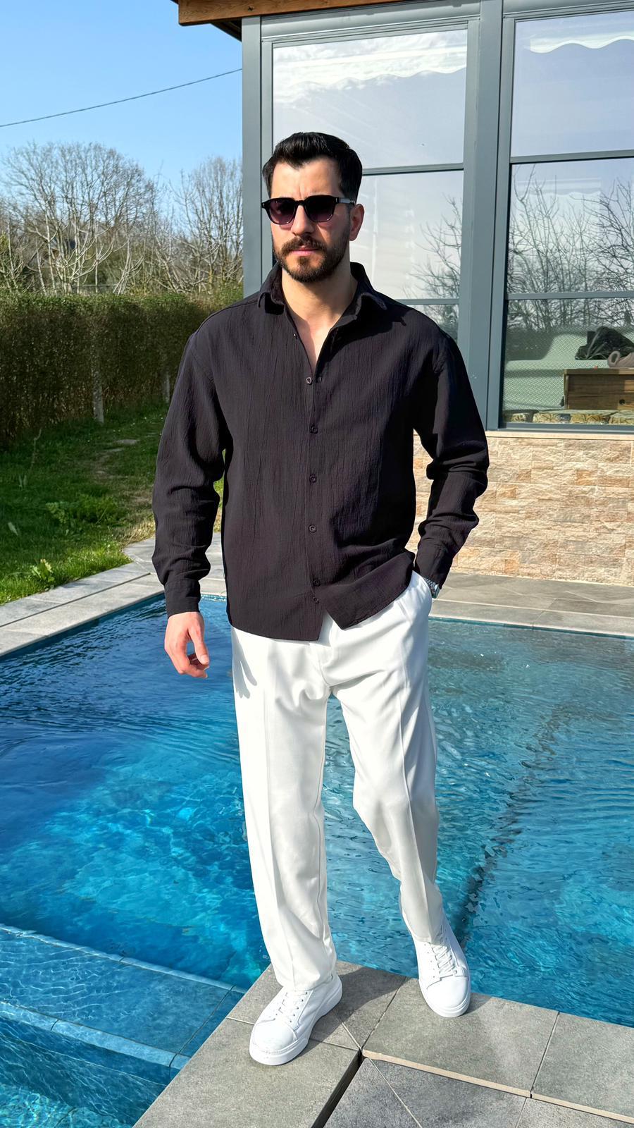Siyah Premium Fit Krinkıl Keten Gömlek