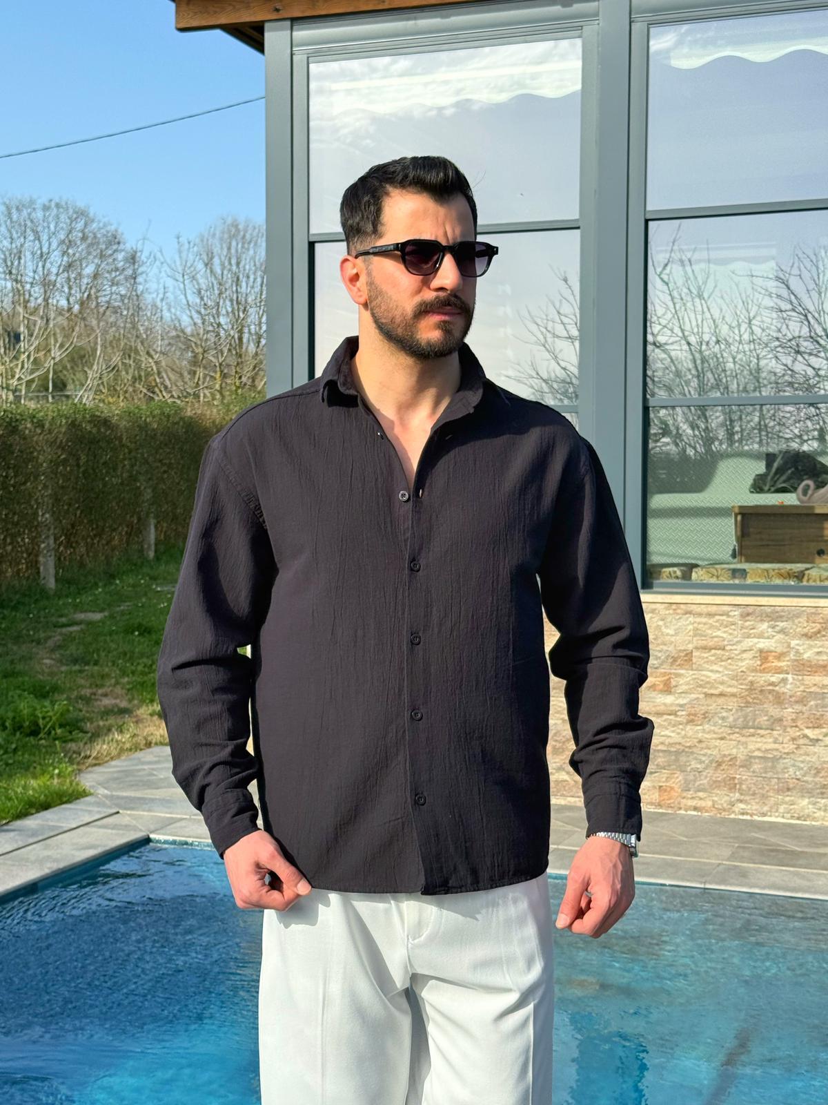 Siyah Premium Fit Krinkıl Keten Gömlek