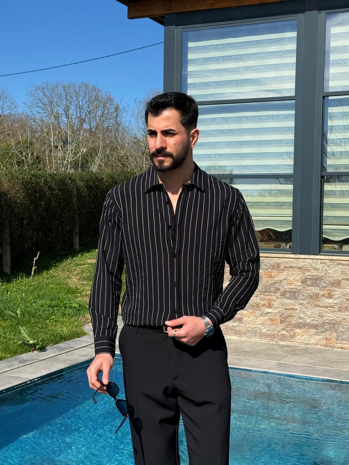 Siyah Premium Yazlık İnce Çizgili Gömlek