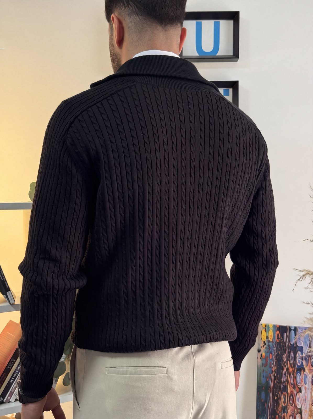 Siyah Regular Fit Halat Desenli Ribana Detaylı Triko Hırka