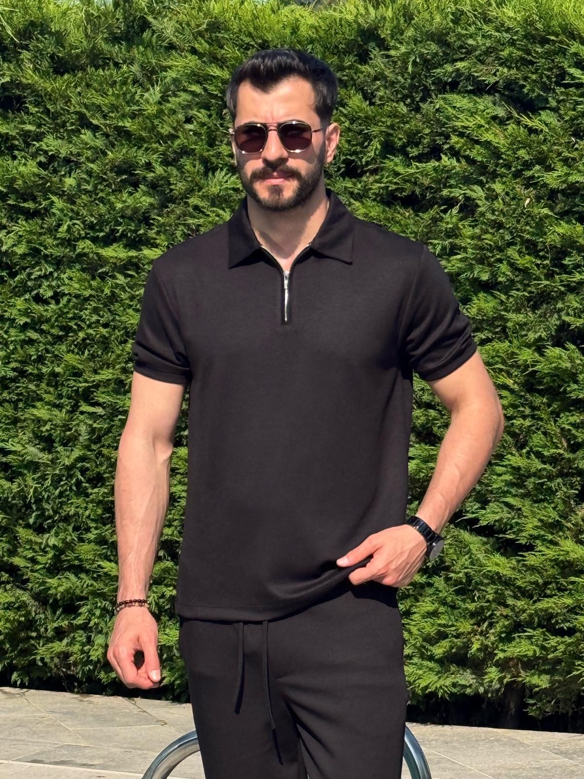 Siyah Regular Fit Yarım Fermuarlı Yazlık Osyho Takım