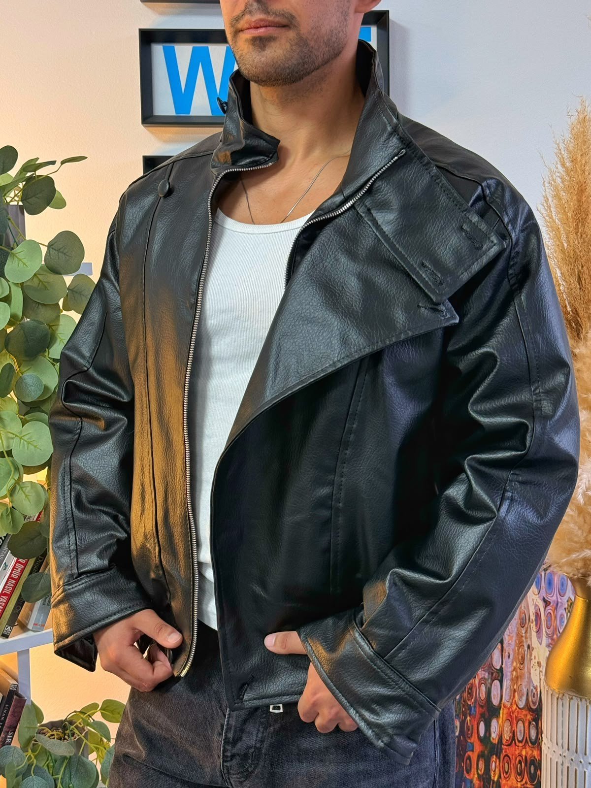Siyah Vintage Kruvaze Deri Mont