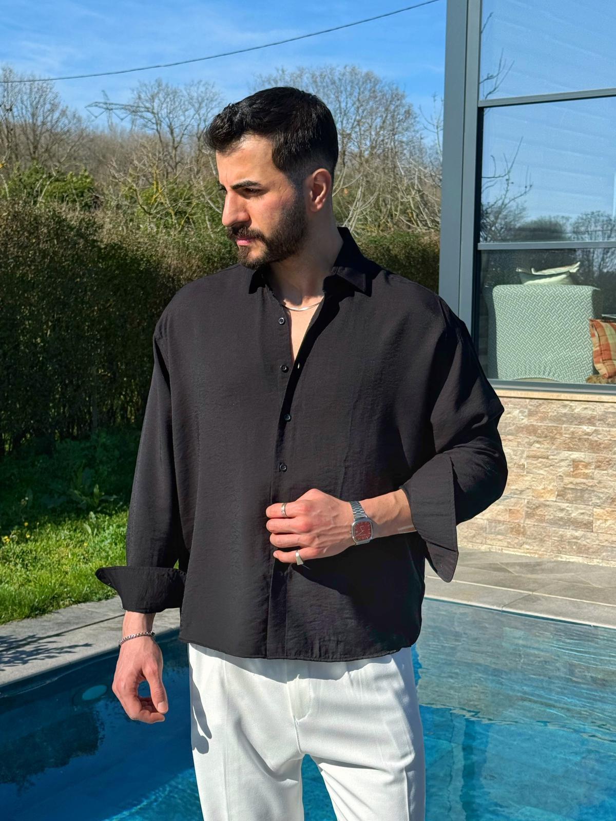 Siyah Viskon Keten Oversize Gömlek