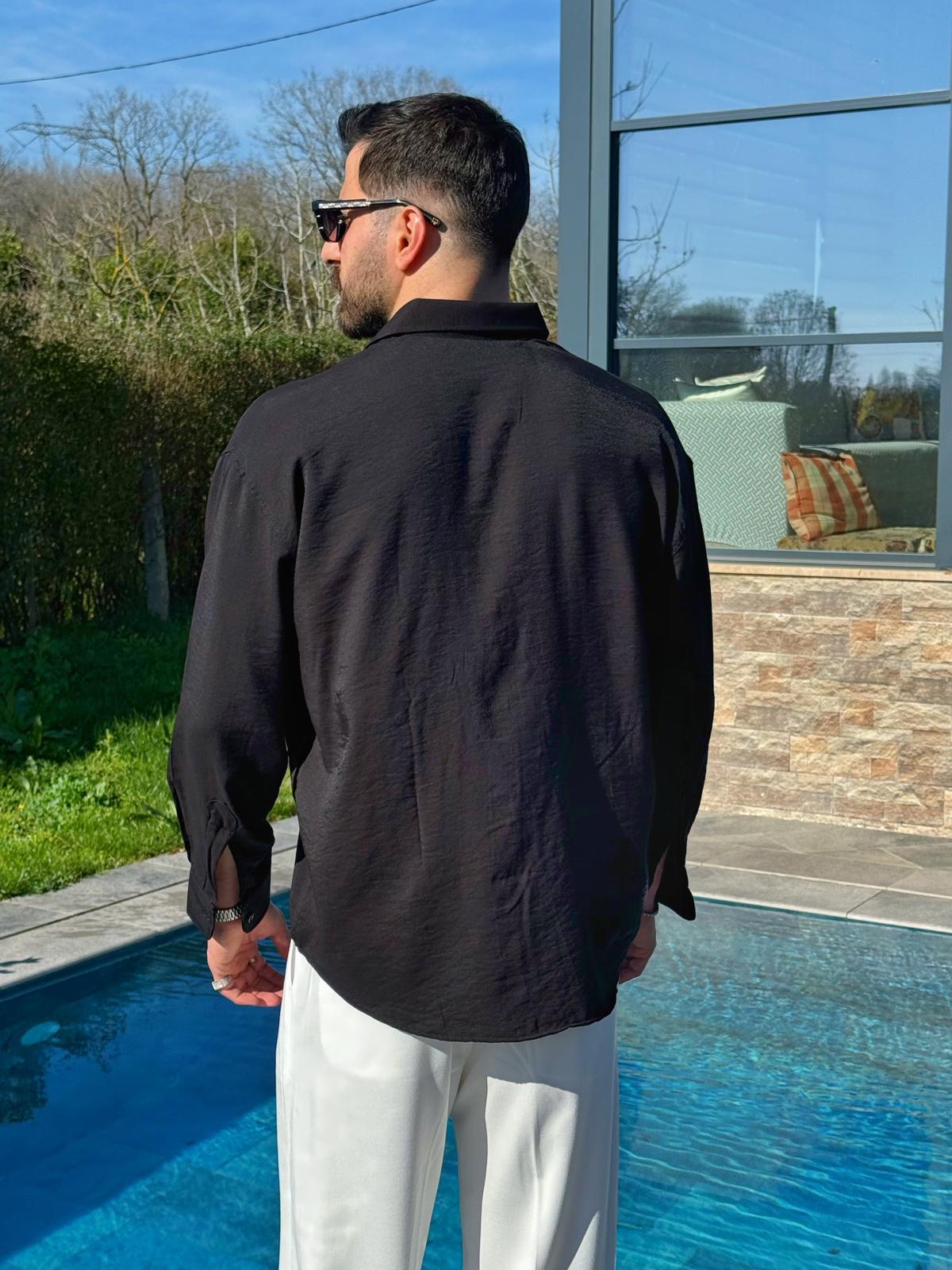 Siyah Viskon Keten Oversize Gömlek