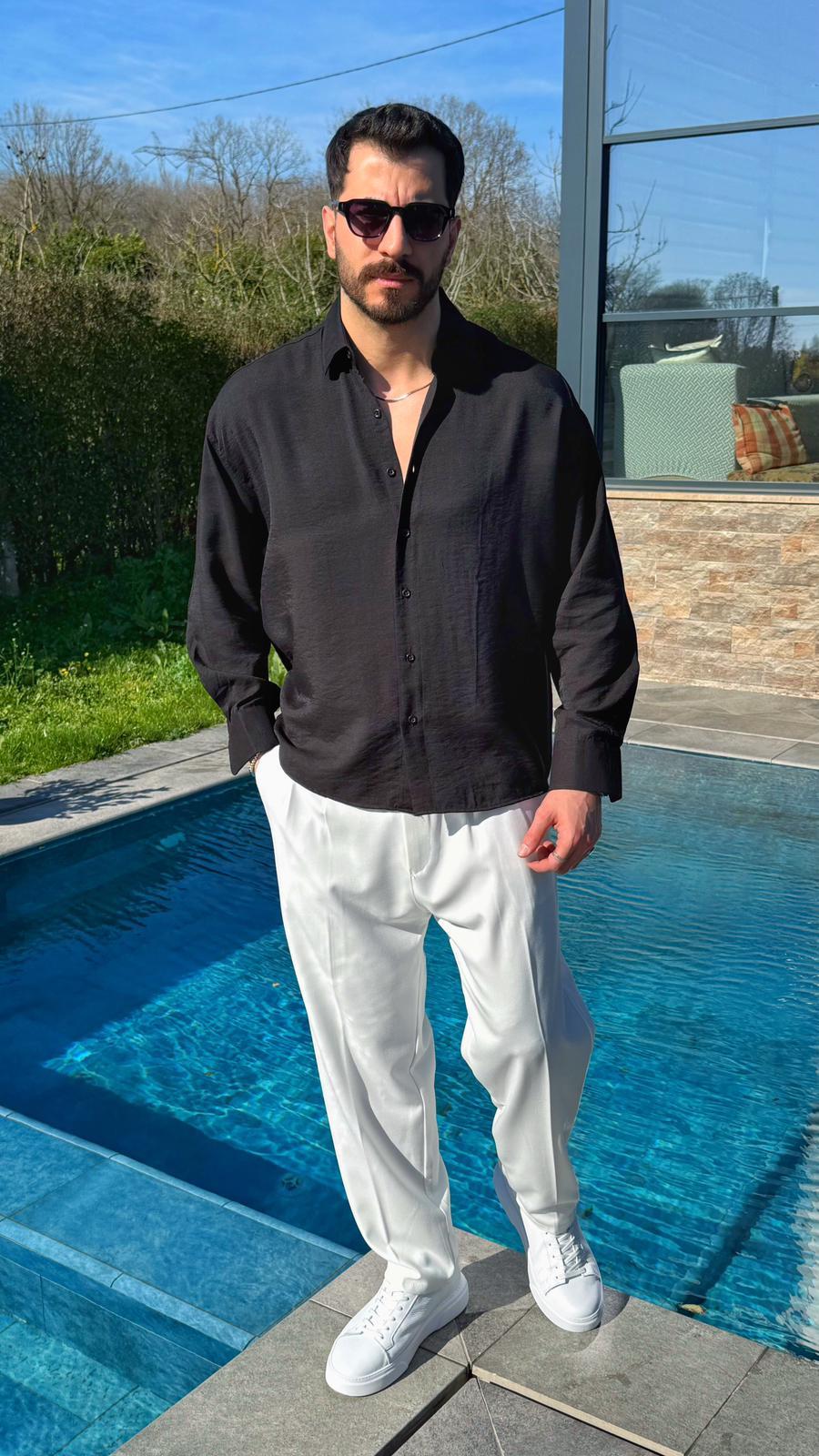 Siyah Viskon Keten Oversize Gömlek