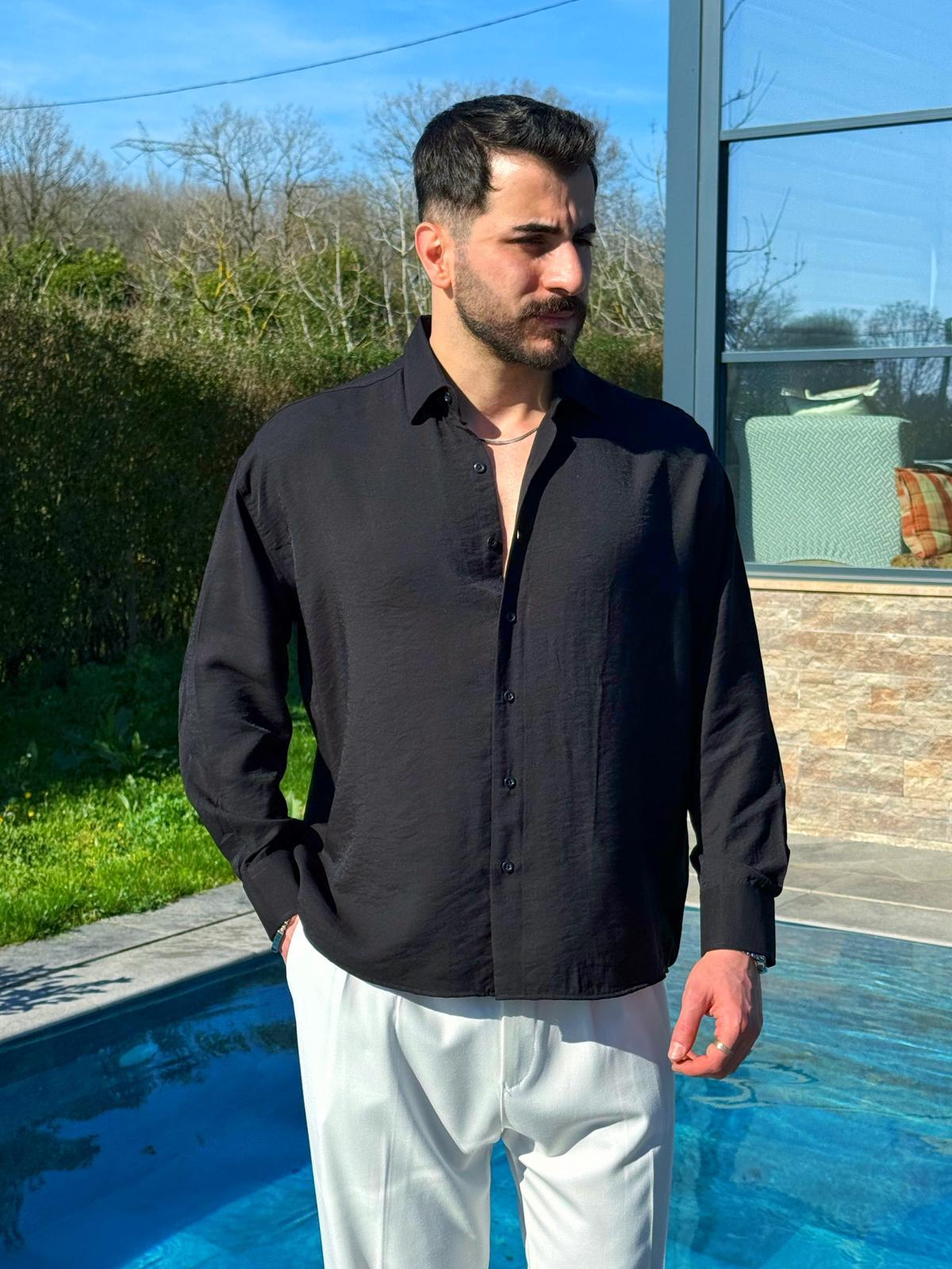 Siyah Viskon Keten Oversize Gömlek