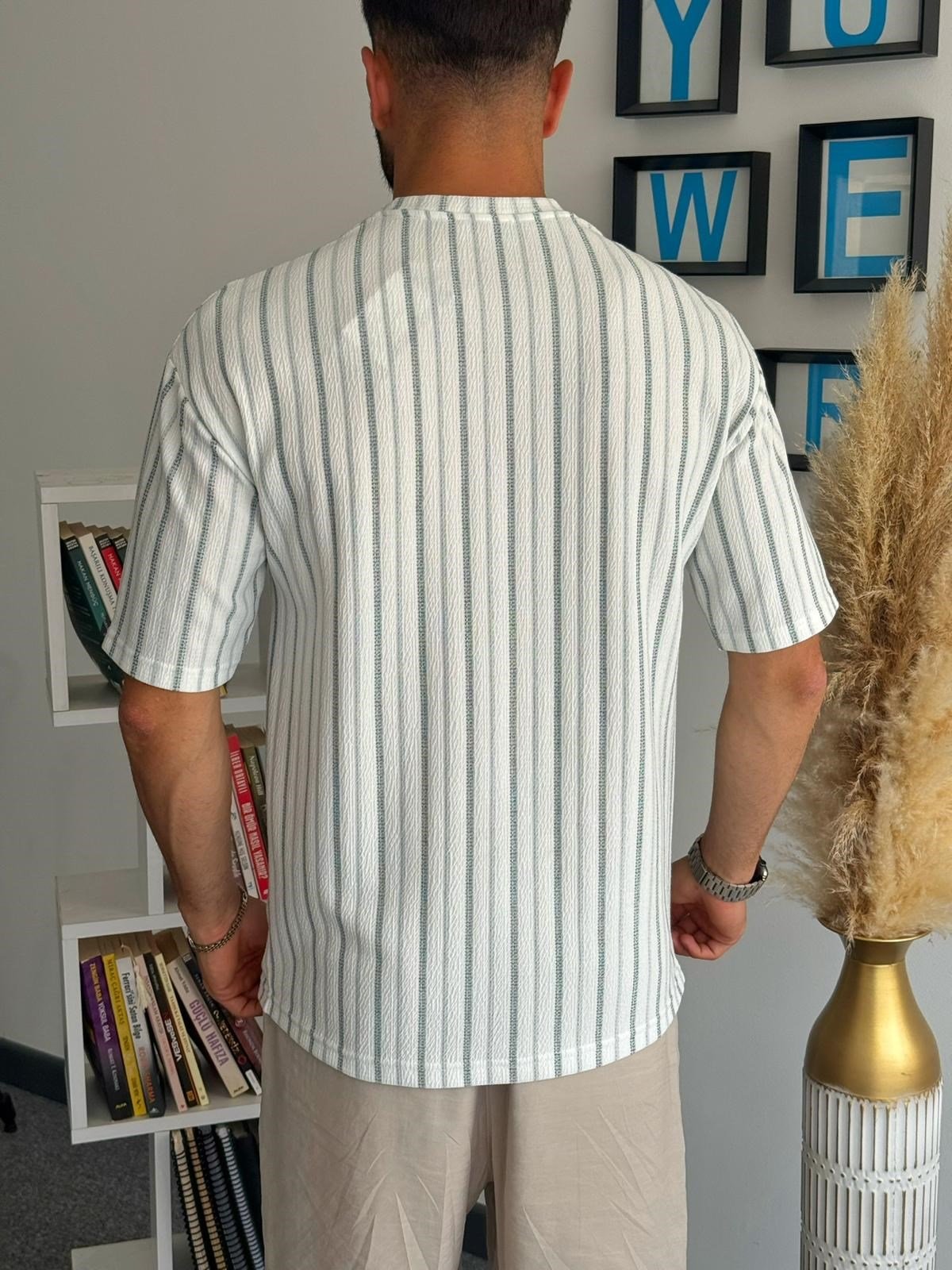 Siyah Yarım Oversize çizgili Bisiliklet Yaka T-Shirt