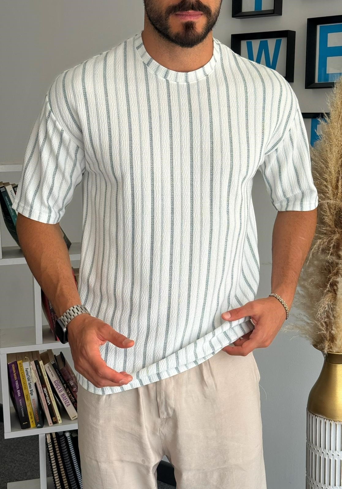 Siyah Yarım Oversize çizgili Bisiliklet Yaka T-Shirt
