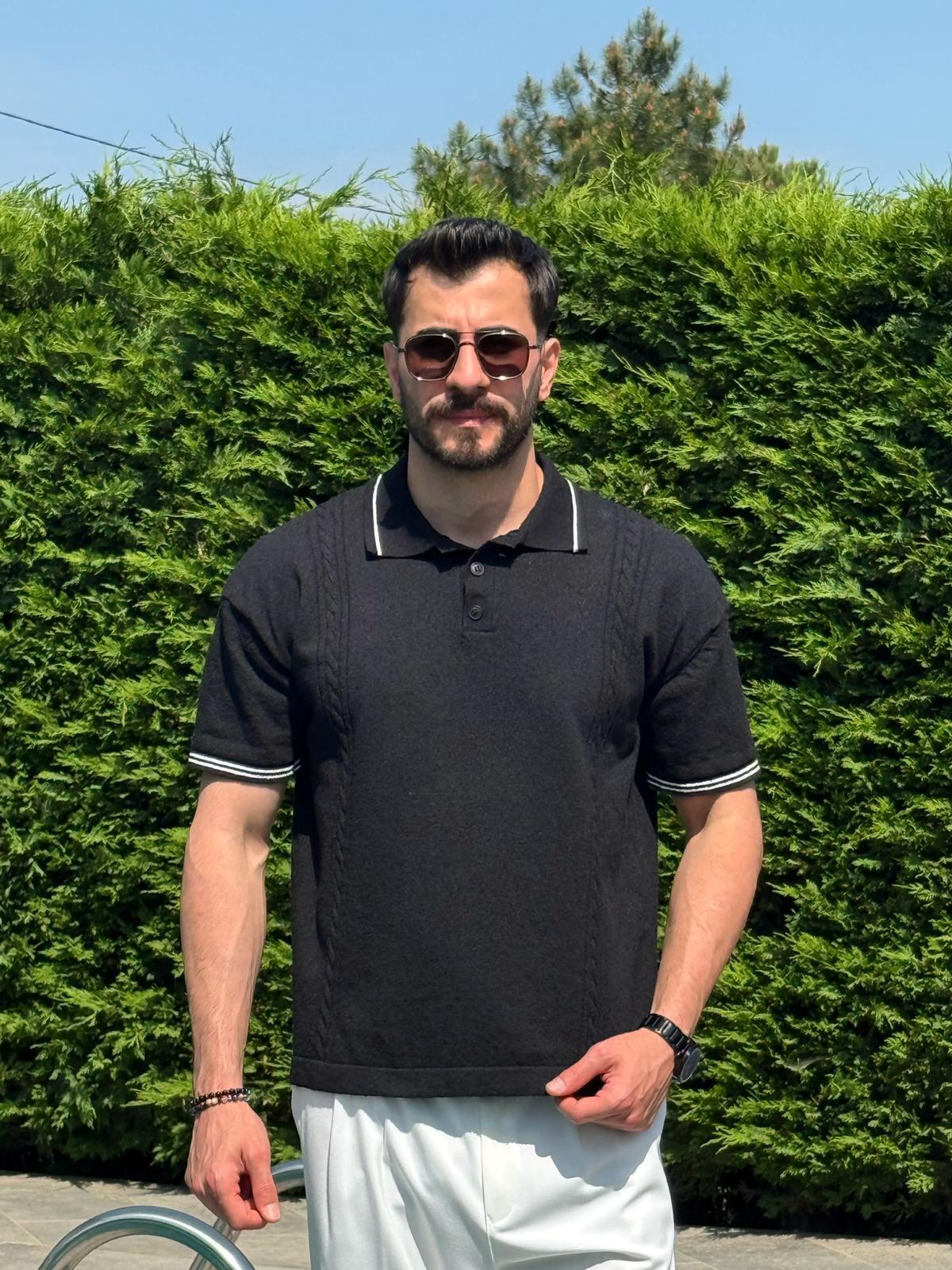 Siyah Yazlık Dokulu Polo Yaka Triko Tişört