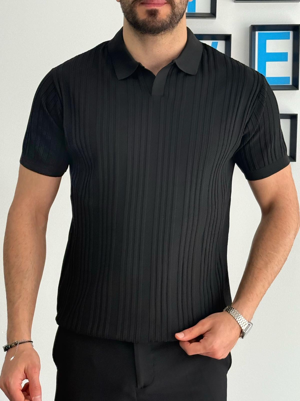 Siyah Yazlık Likralı Polo Yaka T-Shirt
