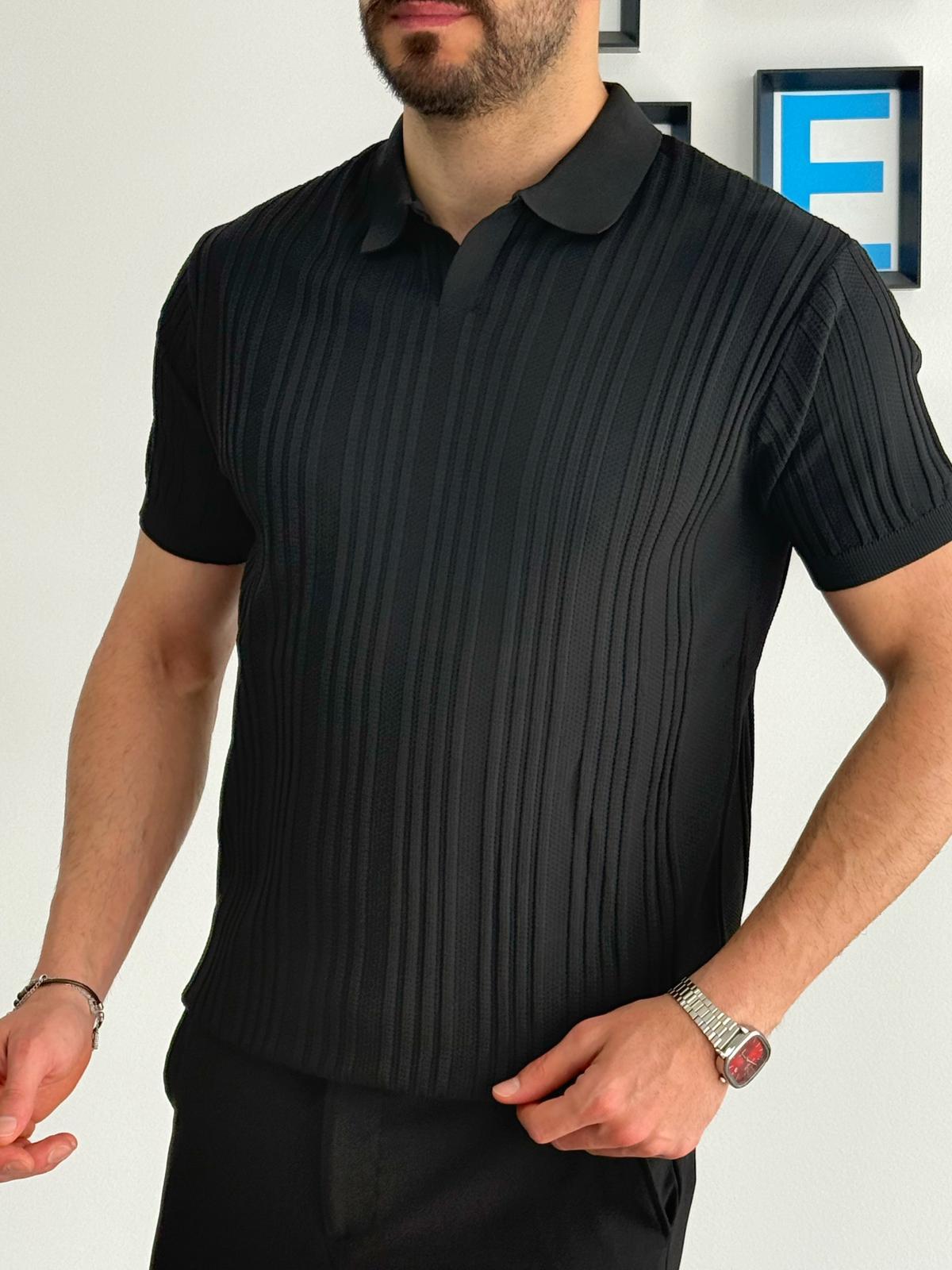Siyah Yazlık Likralı Polo Yaka T-Shirt