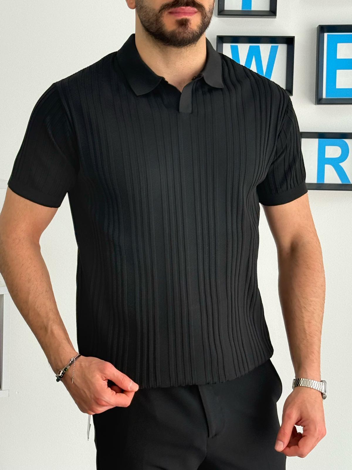 Siyah Yazlık Likralı Polo Yaka T-Shirt