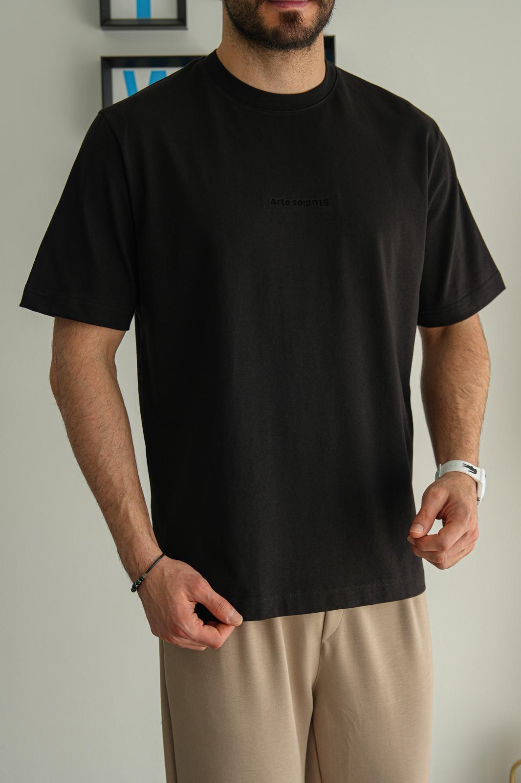 Siyah Yazlık Minimal Nakışlı Premium Basic T-Shirt