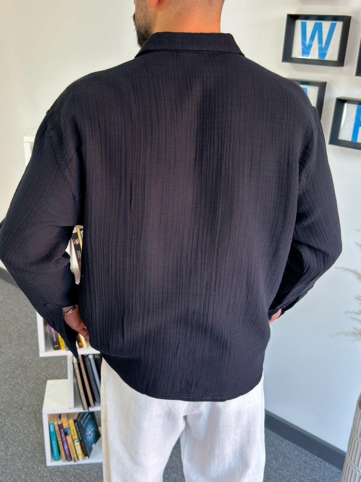 Siyah Yazlık Müslin Keten Oversize Gömlek
