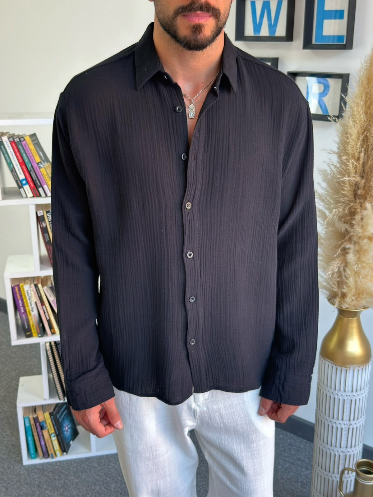 Siyah Yazlık Müslin Keten Oversize Gömlek