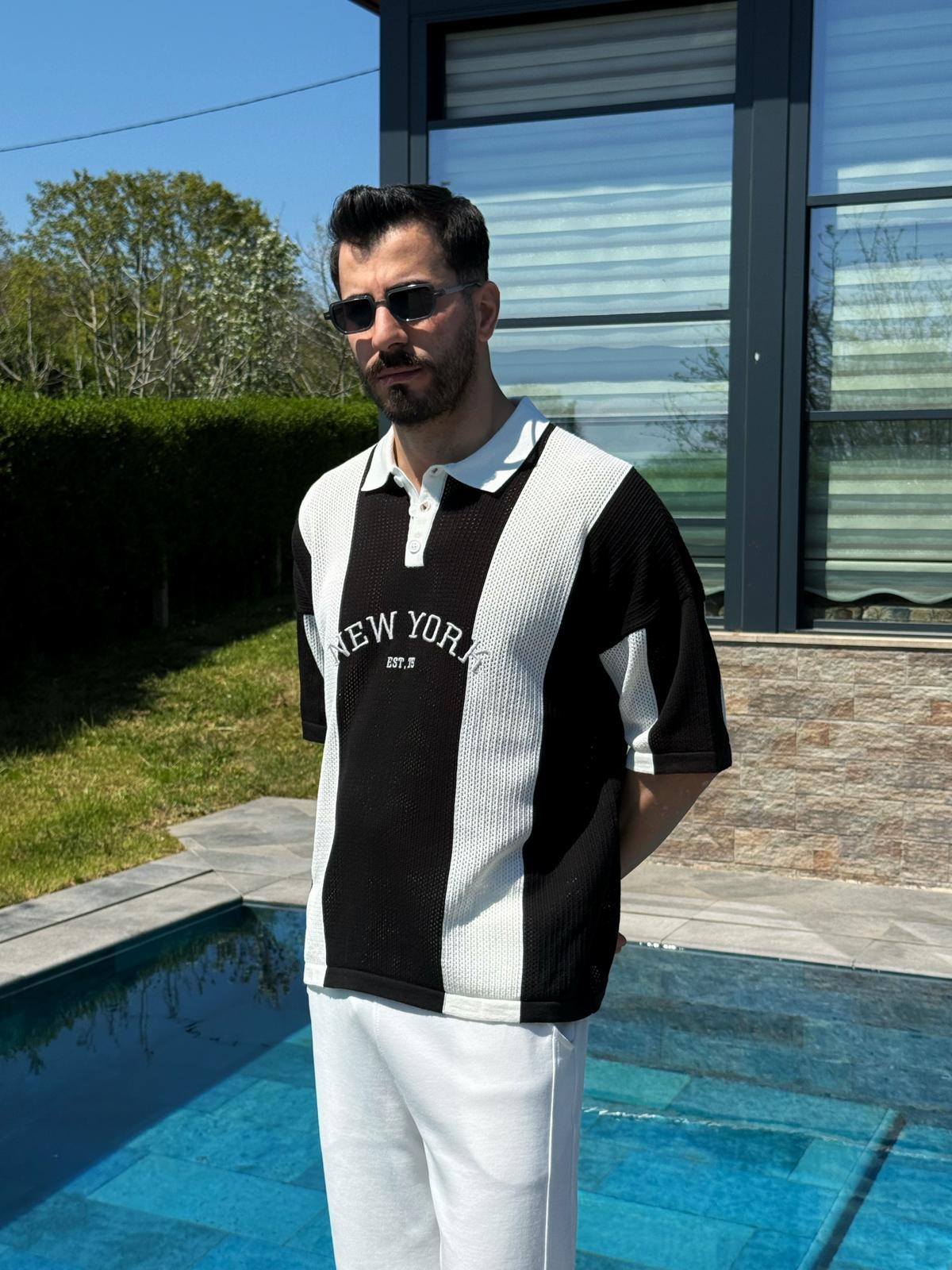 Siyah Yazlık New York Nakışlı Polo Yaka Triko