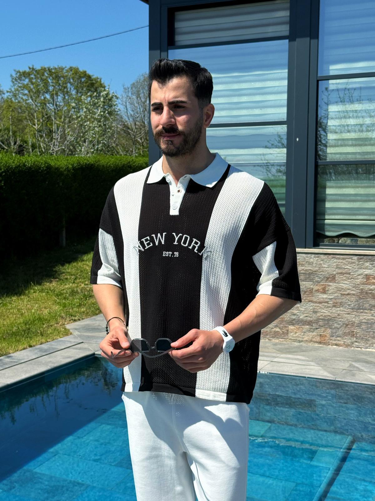 Siyah Yazlık New York Nakışlı Polo Yaka Triko