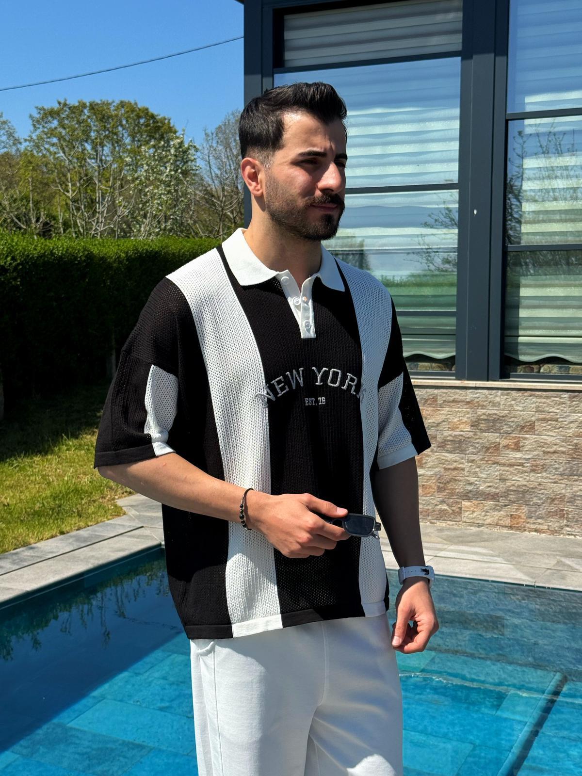 Siyah Yazlık New York Nakışlı Polo Yaka Triko