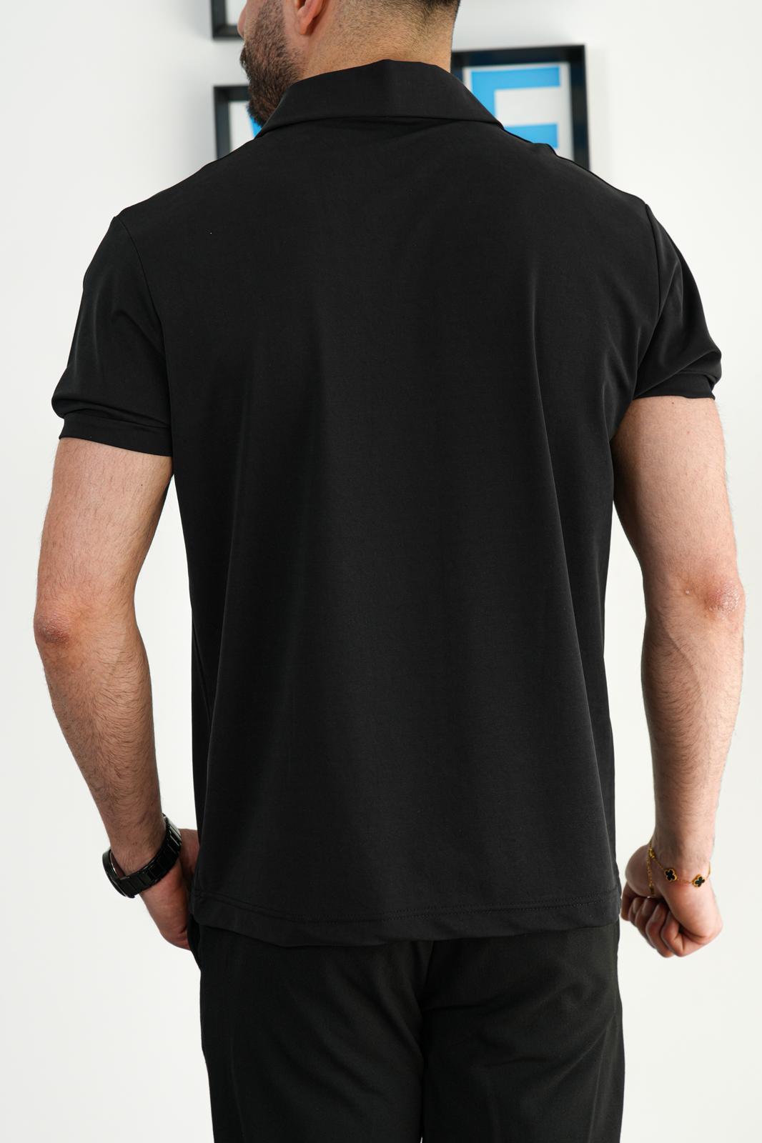 Siyah Yazlık Osyho Kumaş Likralı Tam Kalıp Polo T-Shirt