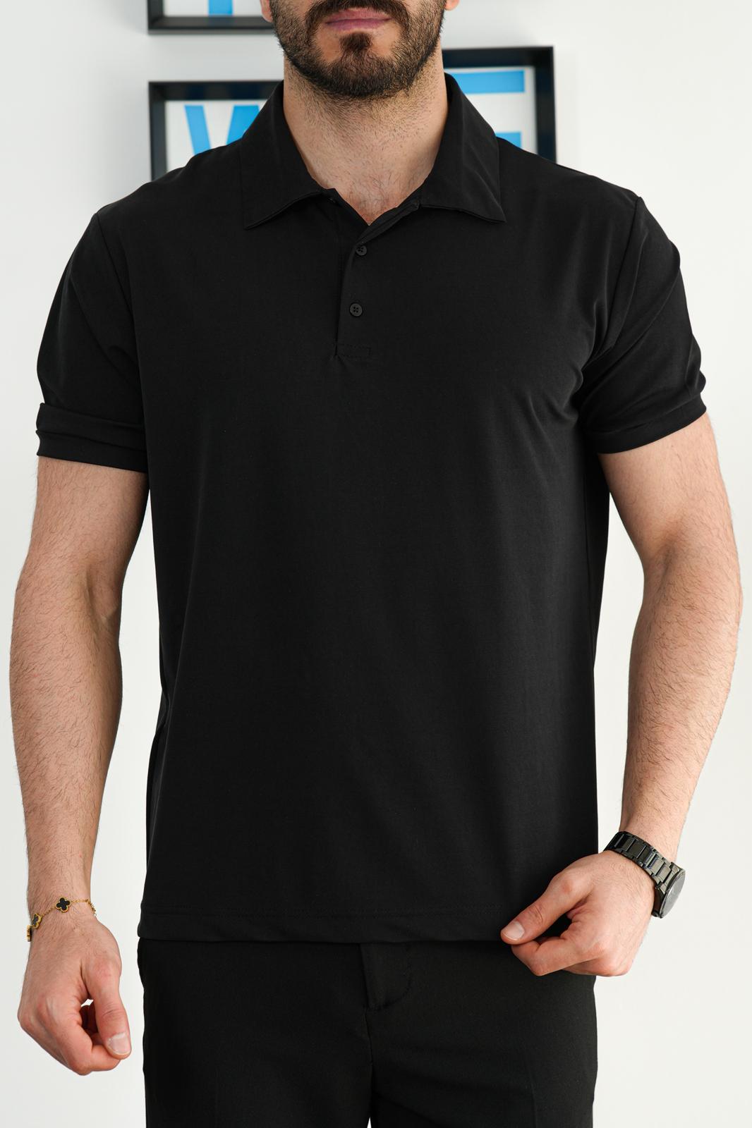 Siyah Yazlık Osyho Kumaş Likralı Tam Kalıp Polo T-Shirt