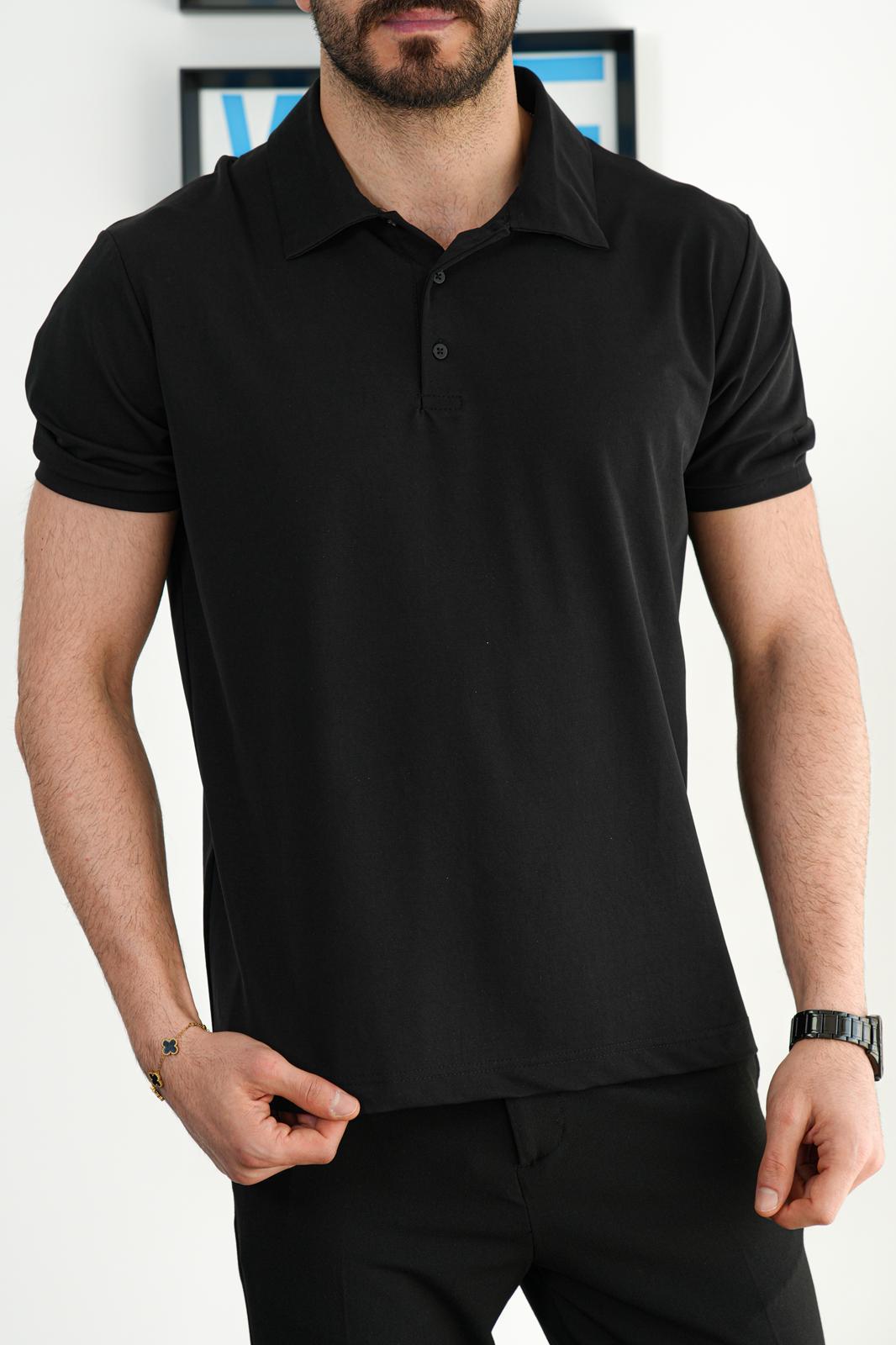 Siyah Yazlık Osyho Kumaş Likralı Tam Kalıp Polo T-Shirt