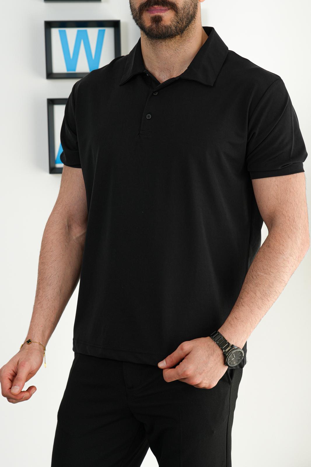Siyah Yazlık Osyho Kumaş Likralı Tam Kalıp Polo T-Shirt