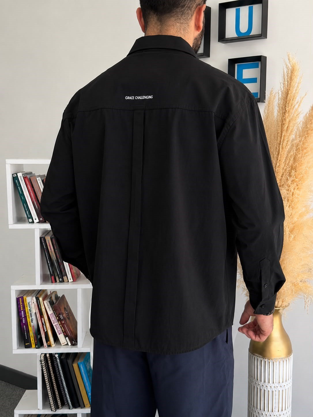 Siyah Yazlık Oversize Baskılı Cepli Gömlek