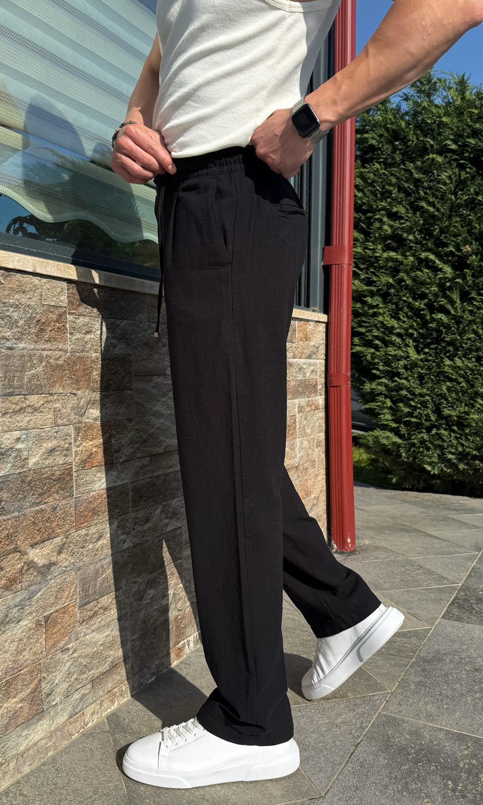 Siyah Yazlık Premium Keten Baggy Pantolon