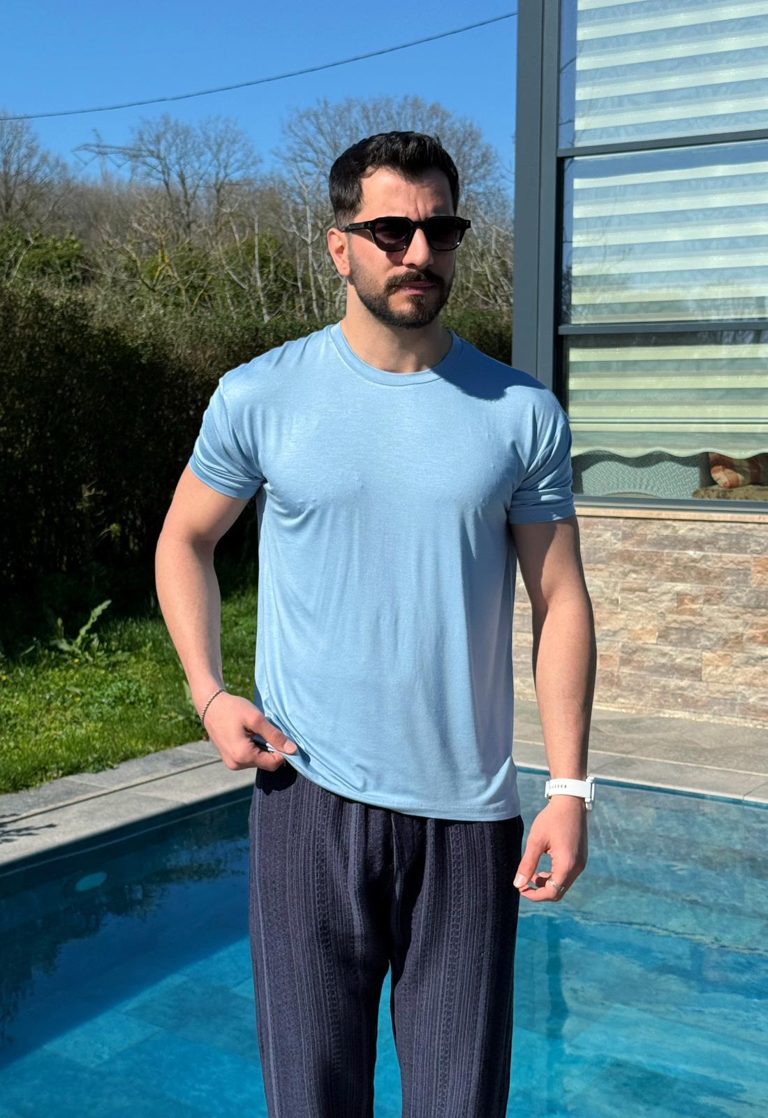 Süet Kumaş T-Shirt Mavi