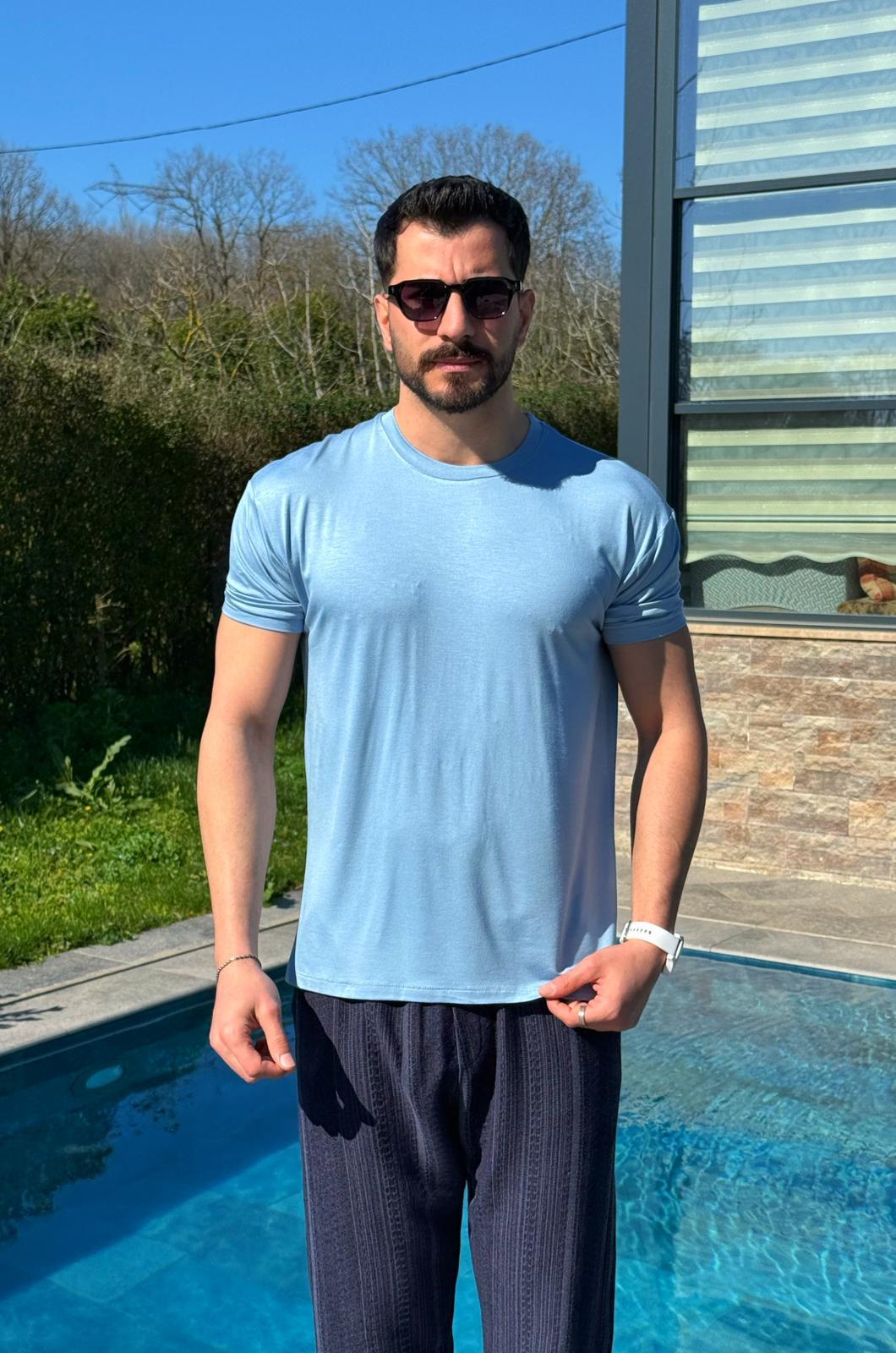 Süet Kumaş T-Shirt Mavi