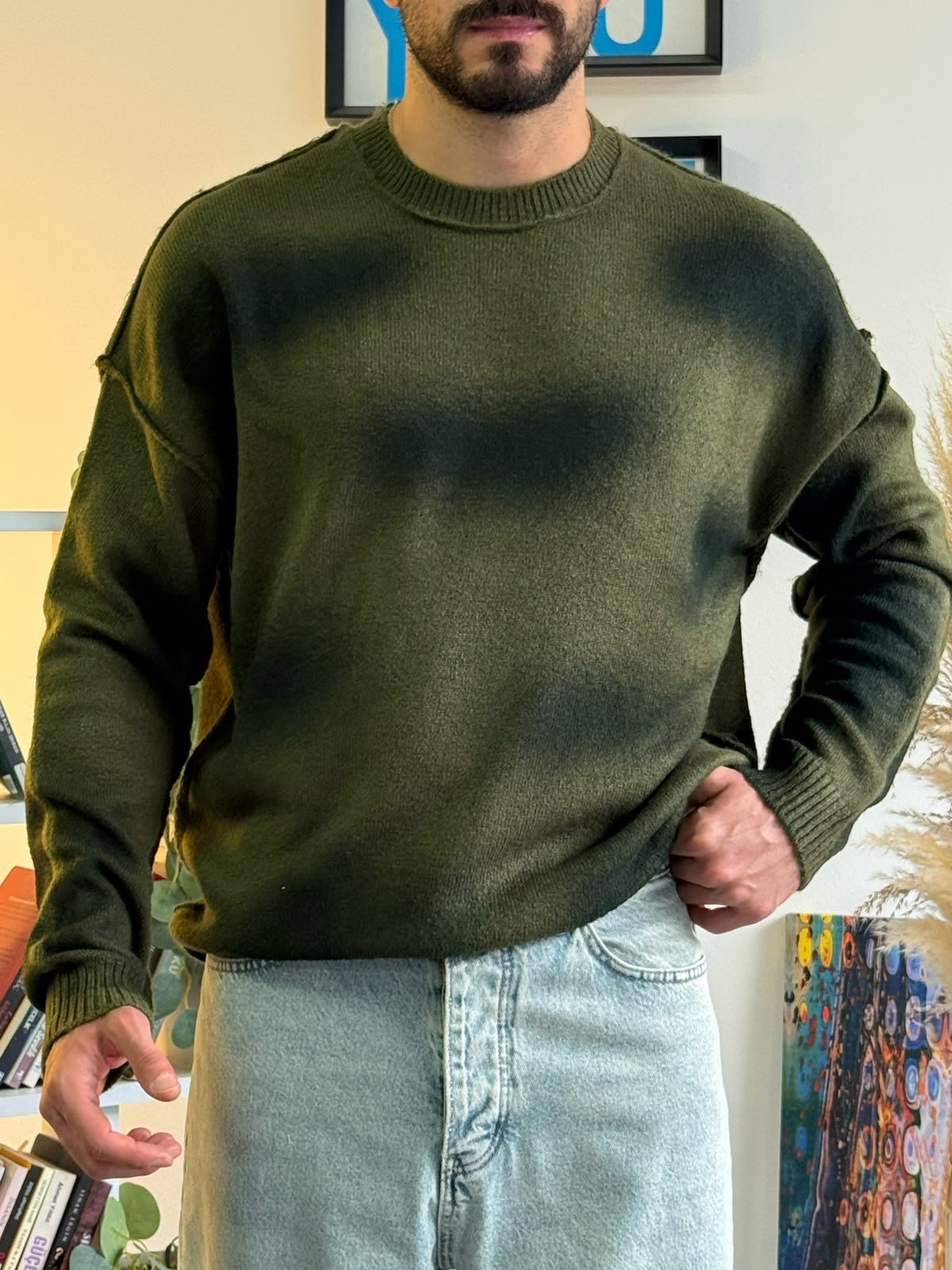 Yeşil Bulut Desenli Gramajlı Oversize Kazak