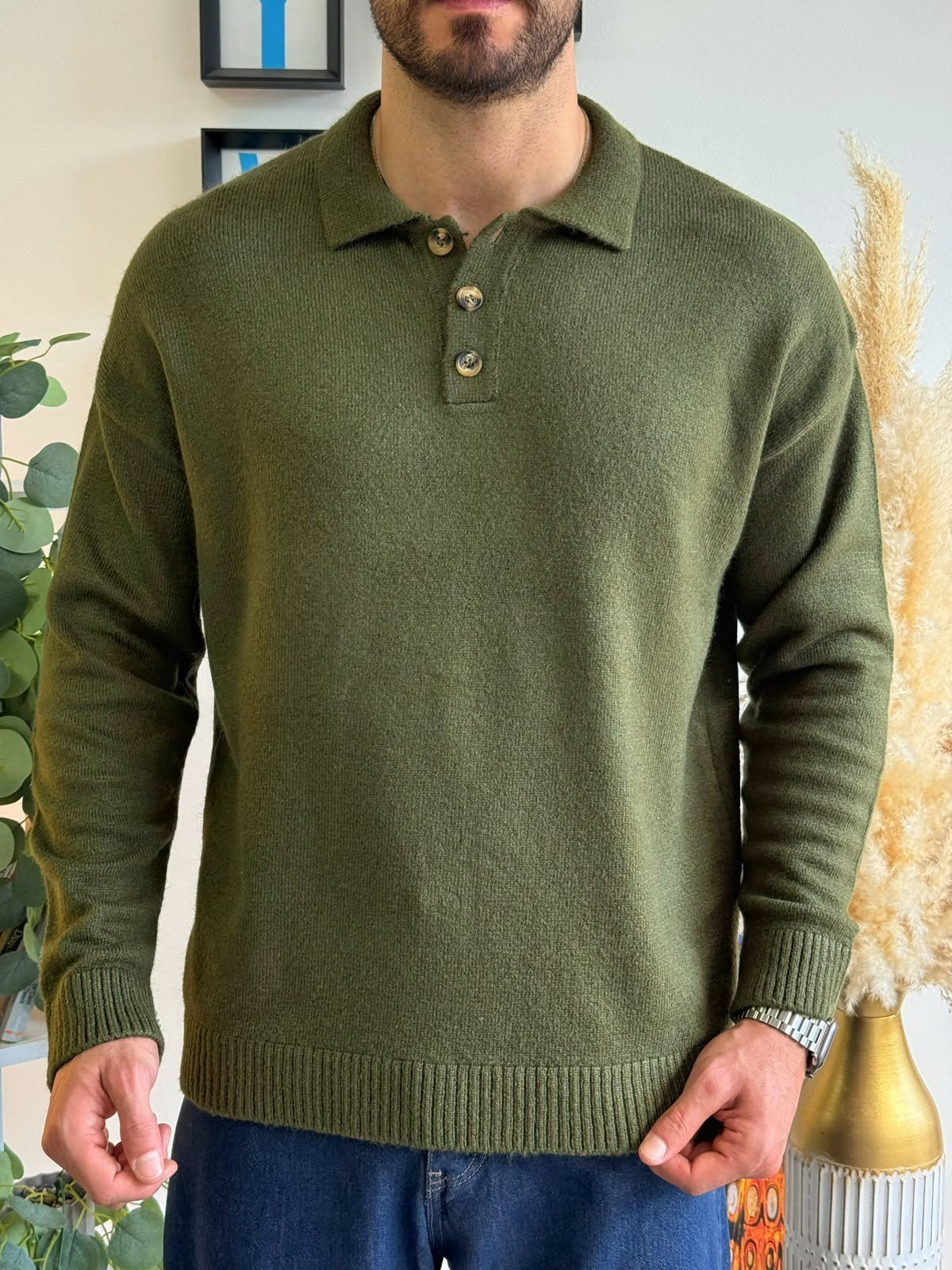 Yeşil Gramajlı Oversize Polo Kazak