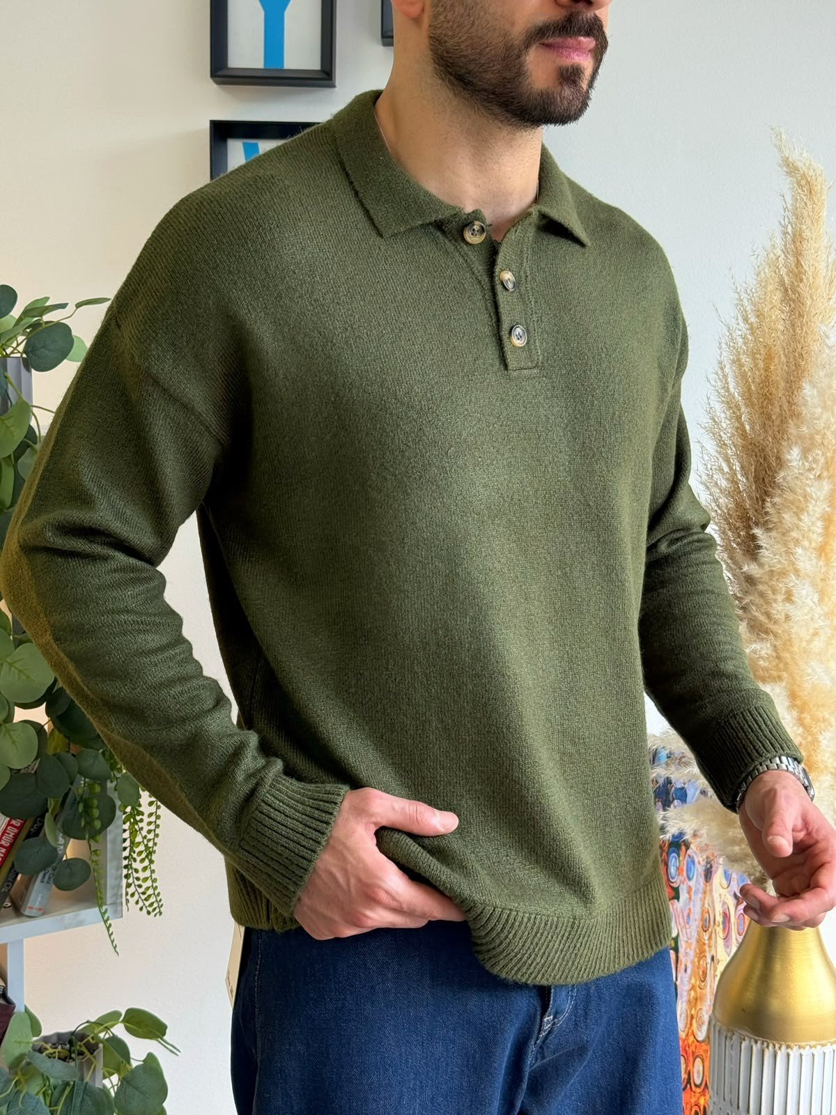 Yeşil Gramajlı Oversize Polo Kazak