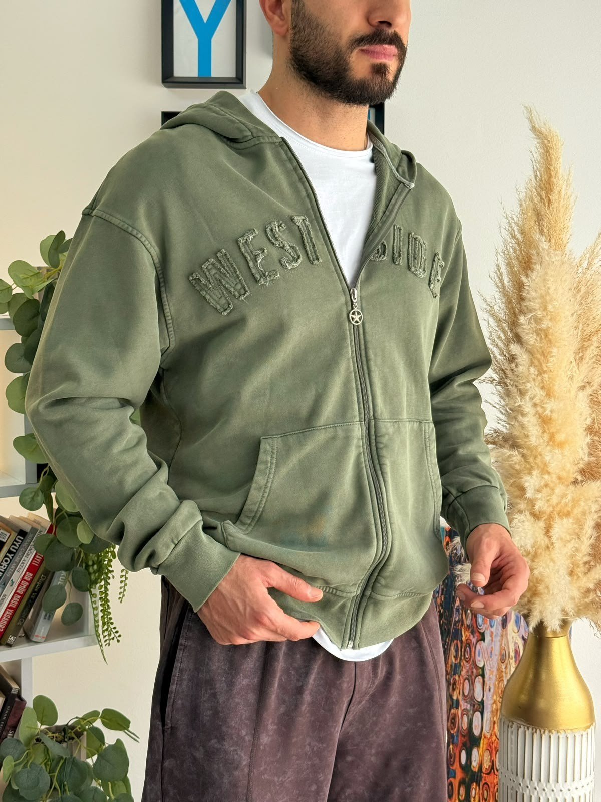Yeşil Oversize Pamuklu Yıkamalı Hırka