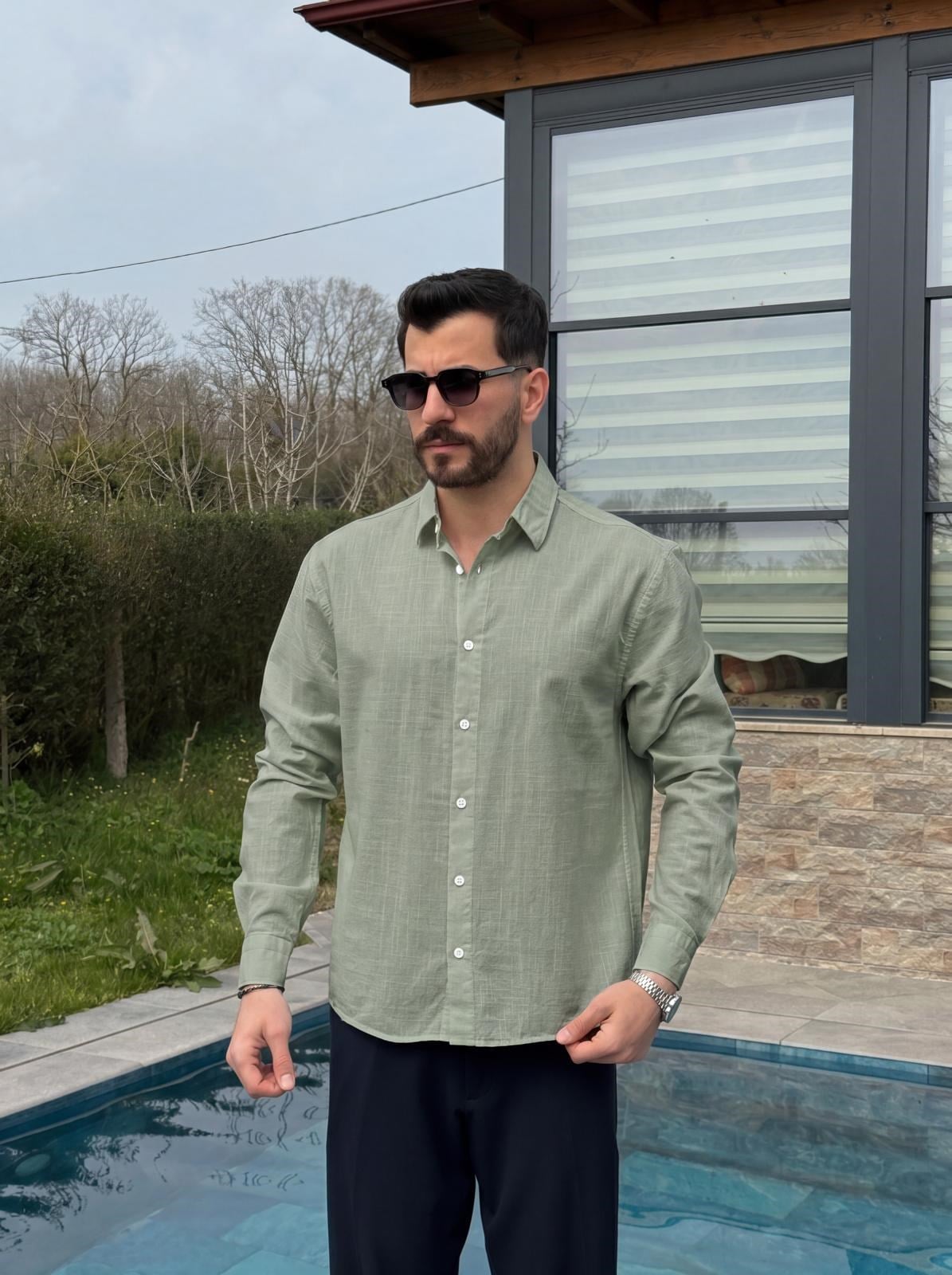 Yeşil Yazlık Fresh Keten Kumaş Tam Kalıp Gömlek