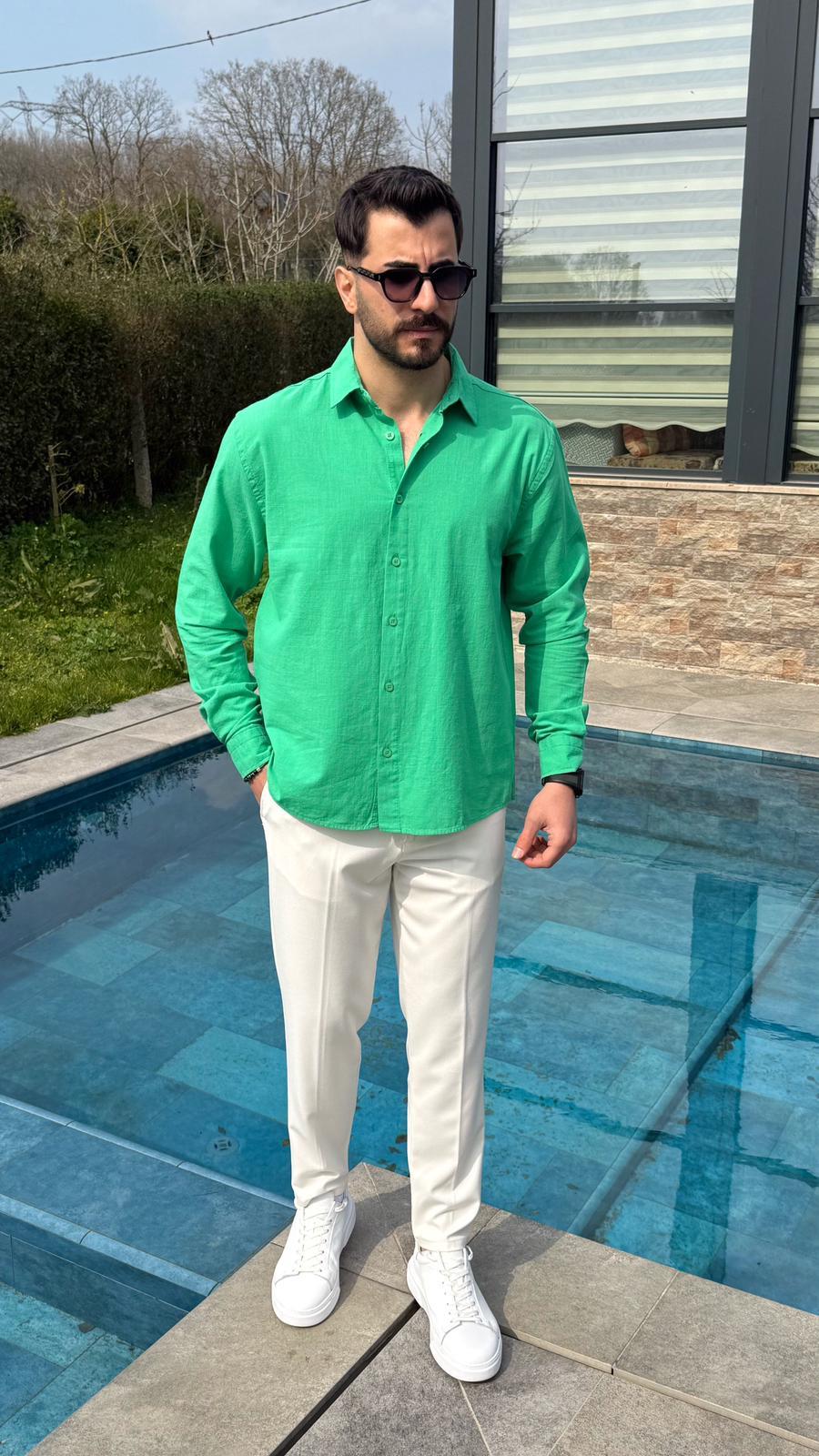 Yeşil Yazlık Fresh Keten Kumaş Tam Kalıp Gömlek