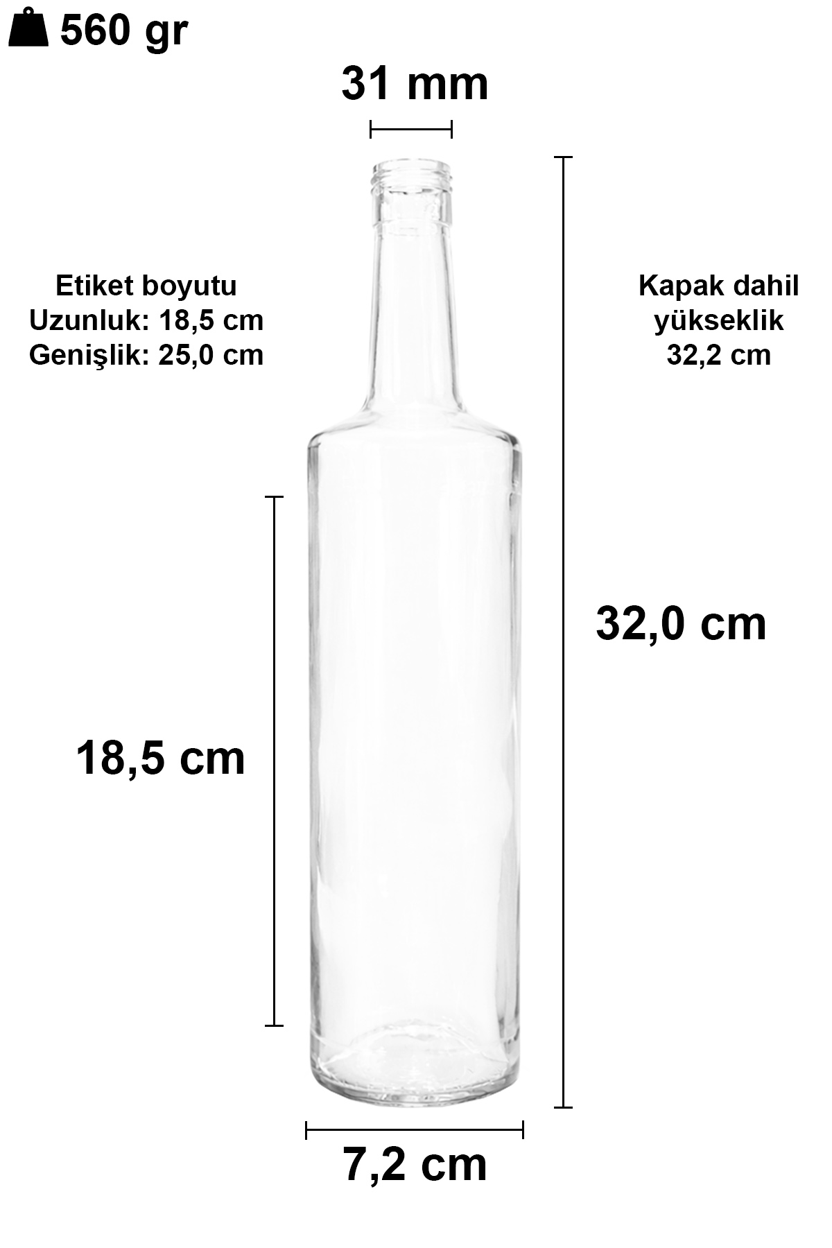 1000cc Şeffaf Dorika Cam Şişe Kapaklı