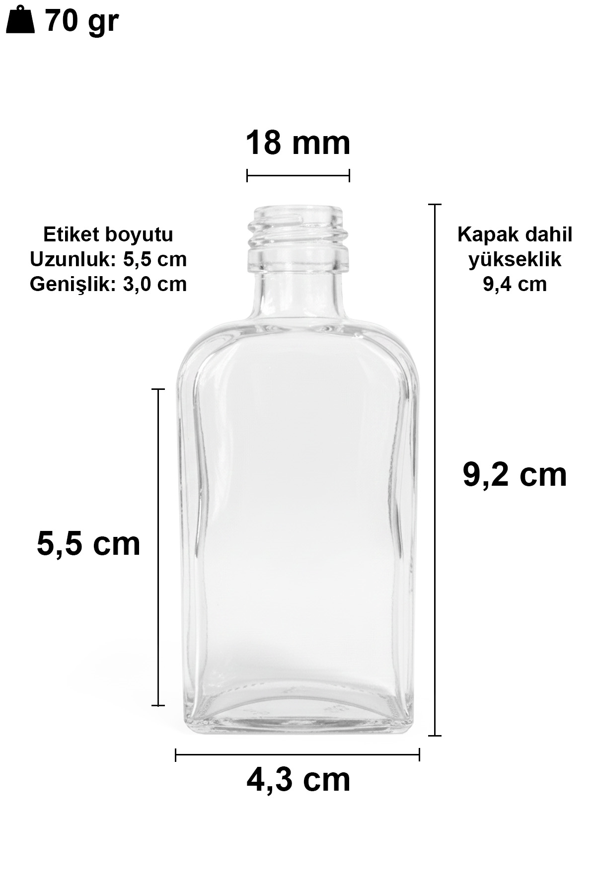 40cc Şeffaf Yassı Cam Şişe Kolonya Tıpalı ve Kapaklı
