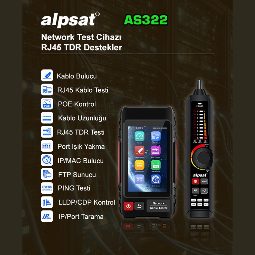 Alpsat AS322 Çok Fonksiyonlu RJ45 Ağ Kablosu Test Cihazı