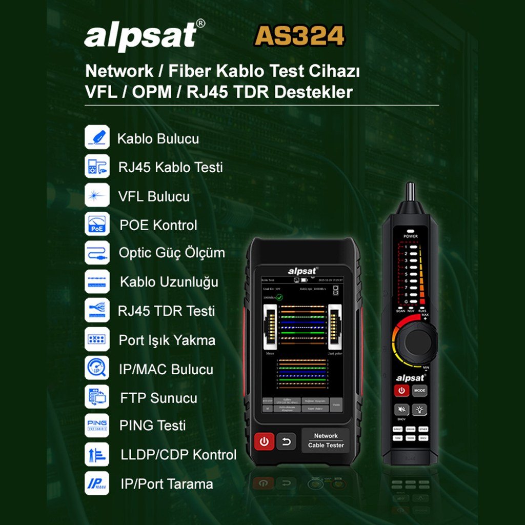 Alpsat AS324 Çok Fonksiyonlu RJ45 Ağ Kablosu ve Fiber Optik Kablo Test Cihazı