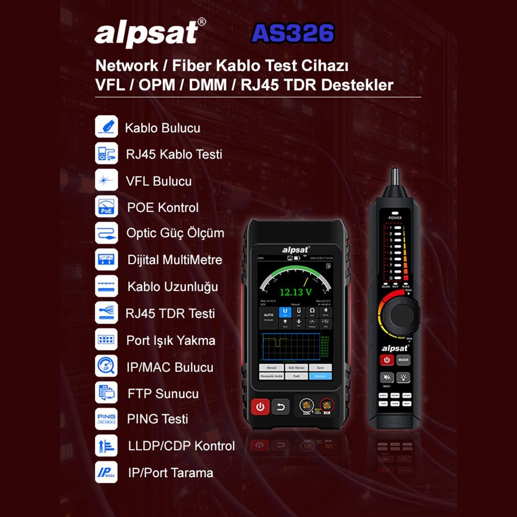 Alpsat AS326 Çok Fonksiyonlu RJ45 Ağ Kablosu ve Fiber Optik Kablo Test Cihazı