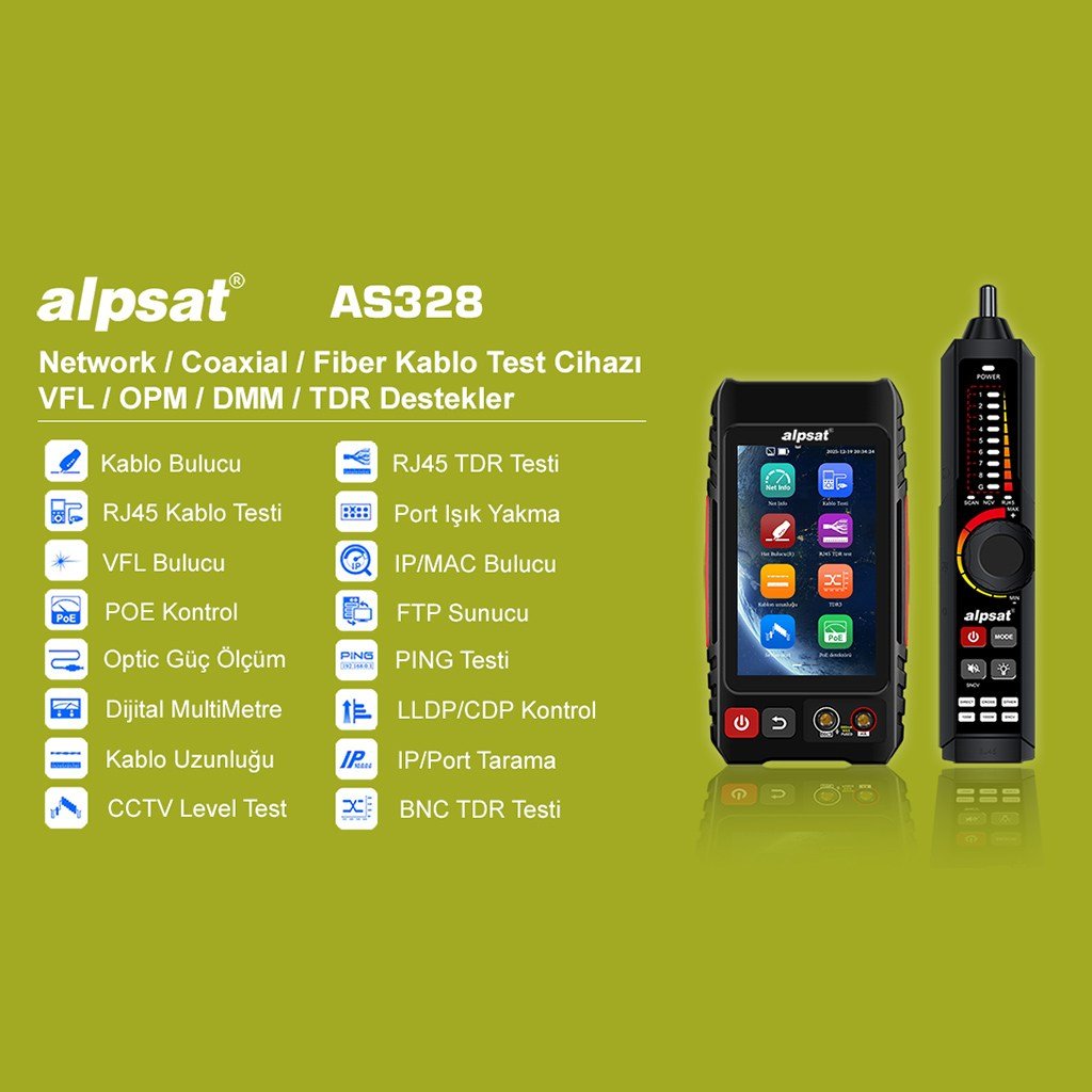Alpsat AS328 Çok Fonksiyonlu RJ45 Ağ Kablosu, Fiber Kablo ve Zayıf Akım Kablo Test Cihazı