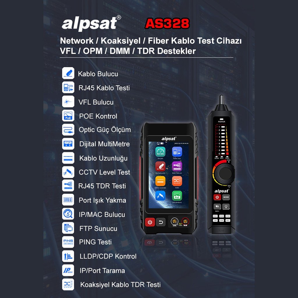 Alpsat AS328 Çok Fonksiyonlu RJ45 Ağ Kablosu, Fiber Kablo ve Zayıf Akım Kablo Test Cihazı
