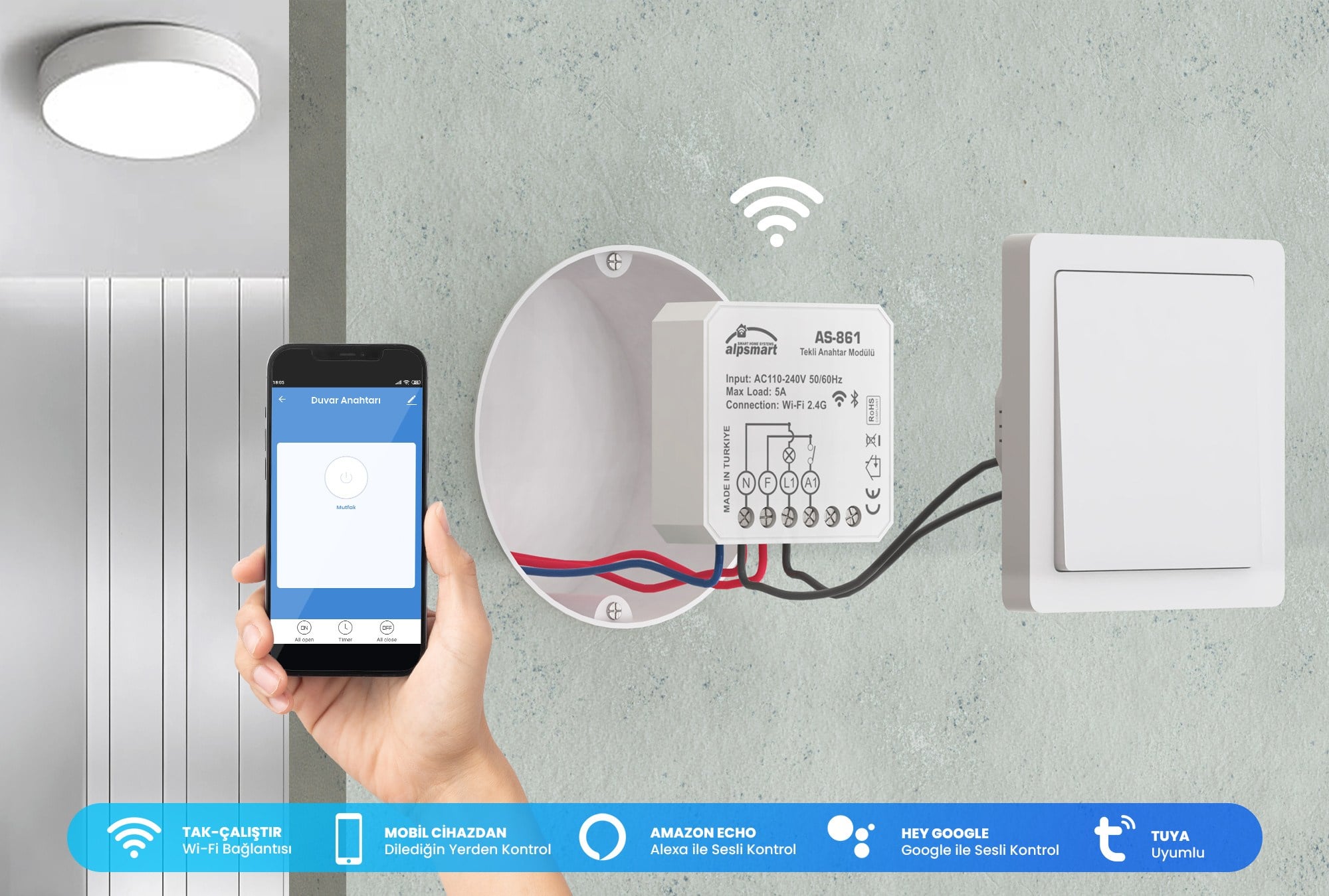 Alpsmart AS-861 Tekli Akıllı Wi-Fi Anahtar Modülü