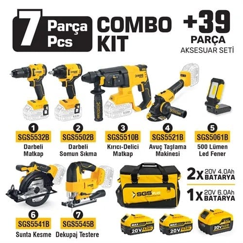 COMBO SET 7 PARÇA (Darbeli Matkap/Kırıcı-Delici Matkap/Darbeli Somun Sıkma/Avuç Taslama Makinesi/Sunta Kesme/Led Fener)