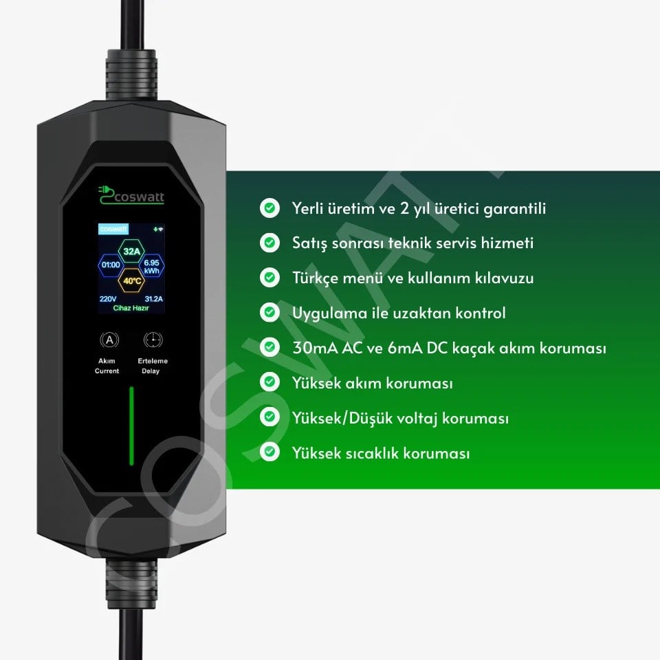 Coswatt CS-P1-32A-08 7,4 kW 32 A 8 m Taşınabilir Tip 2 EV Şarj Cihazı CS-P1-32A-08