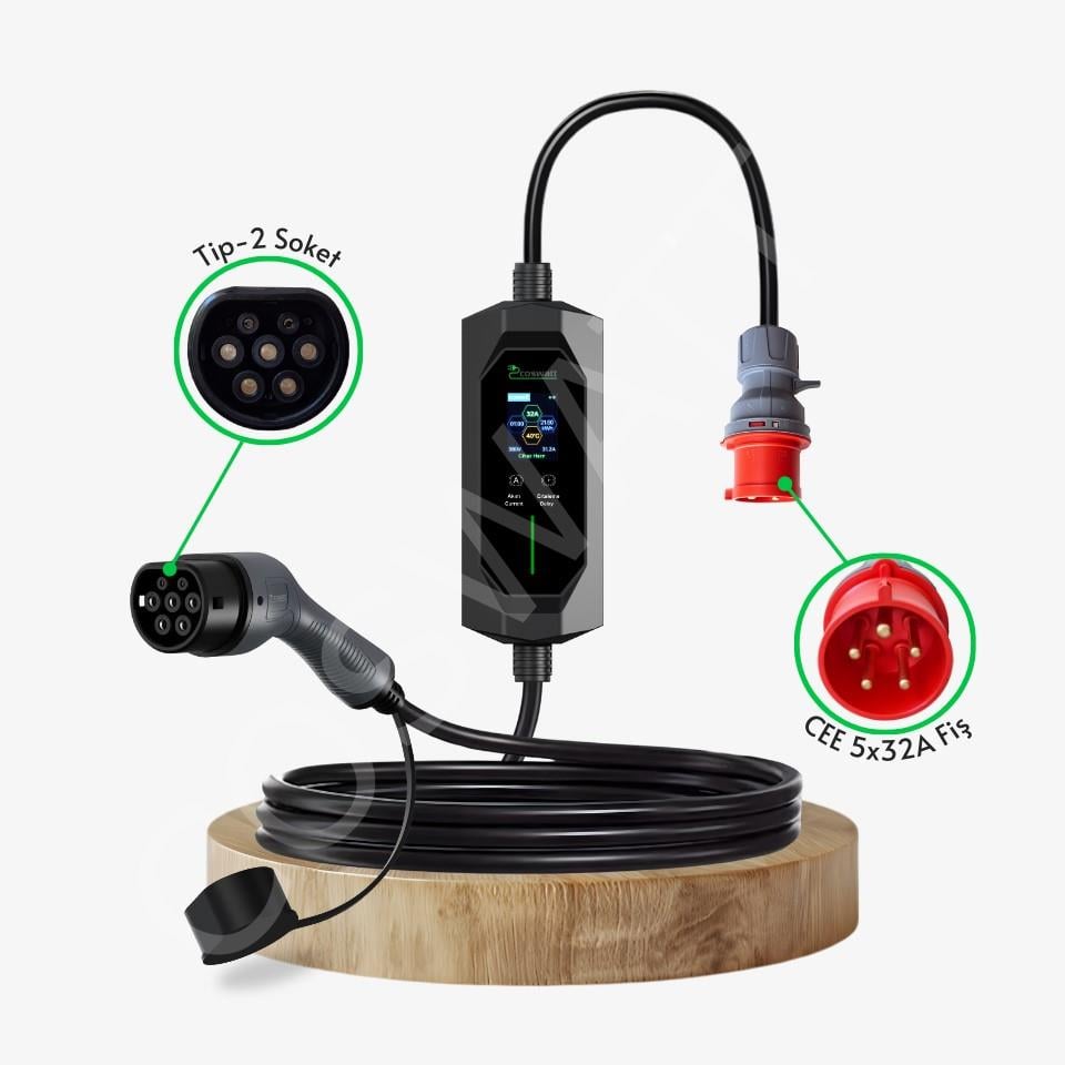 Coswatt Taşınabilir EV Şarj Cihazı CS-P3-32A / 22kW / 5M / Türkçe Menü / 380V AC / 5x32A CEE Fiş / Ev Tipi Priz Adaptörü / Taşıma Çantası